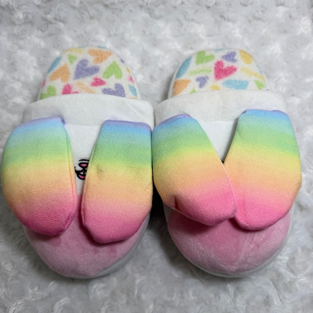 Flipeez Kids Bunny Rainbow Ears Heart Print White Pink Size Medium Slippers